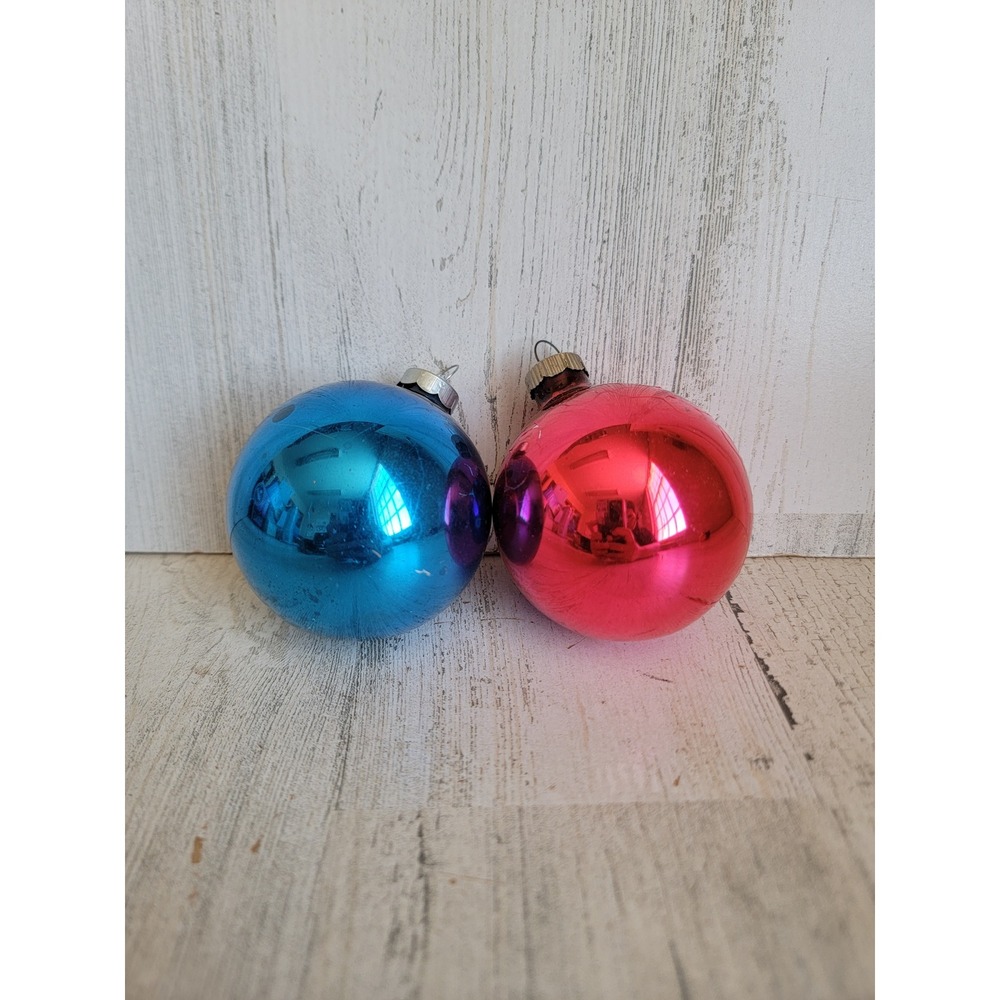 Vintage shiny bright blue pink glass ball ornament Xmas unique colorful set